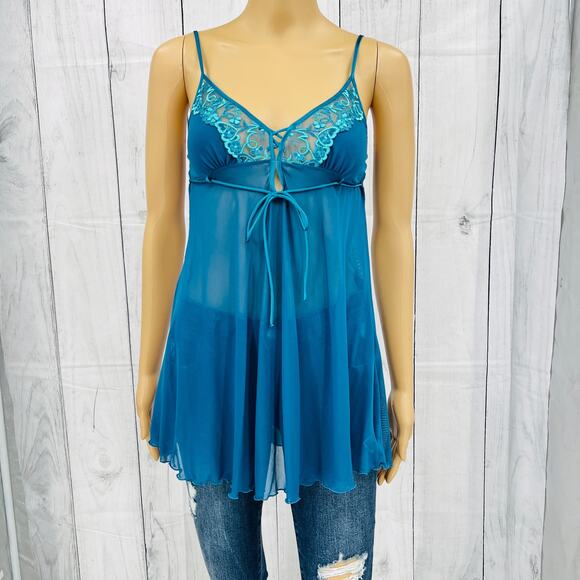 Paltal MEDIUM VINTAGE 90's Blue Floral Lace Fairy Babydoll Camisole Tank Top - Picture 1 of 8